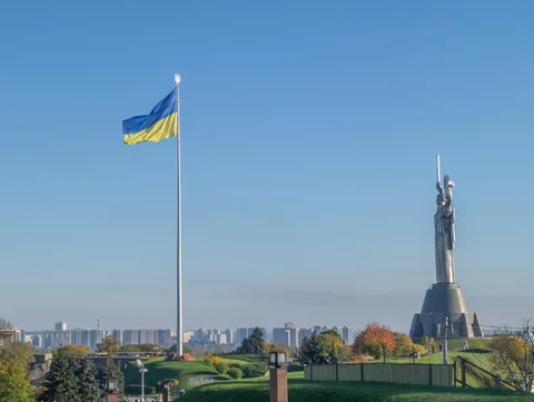 Flag of Ukraine near Motherland Monument