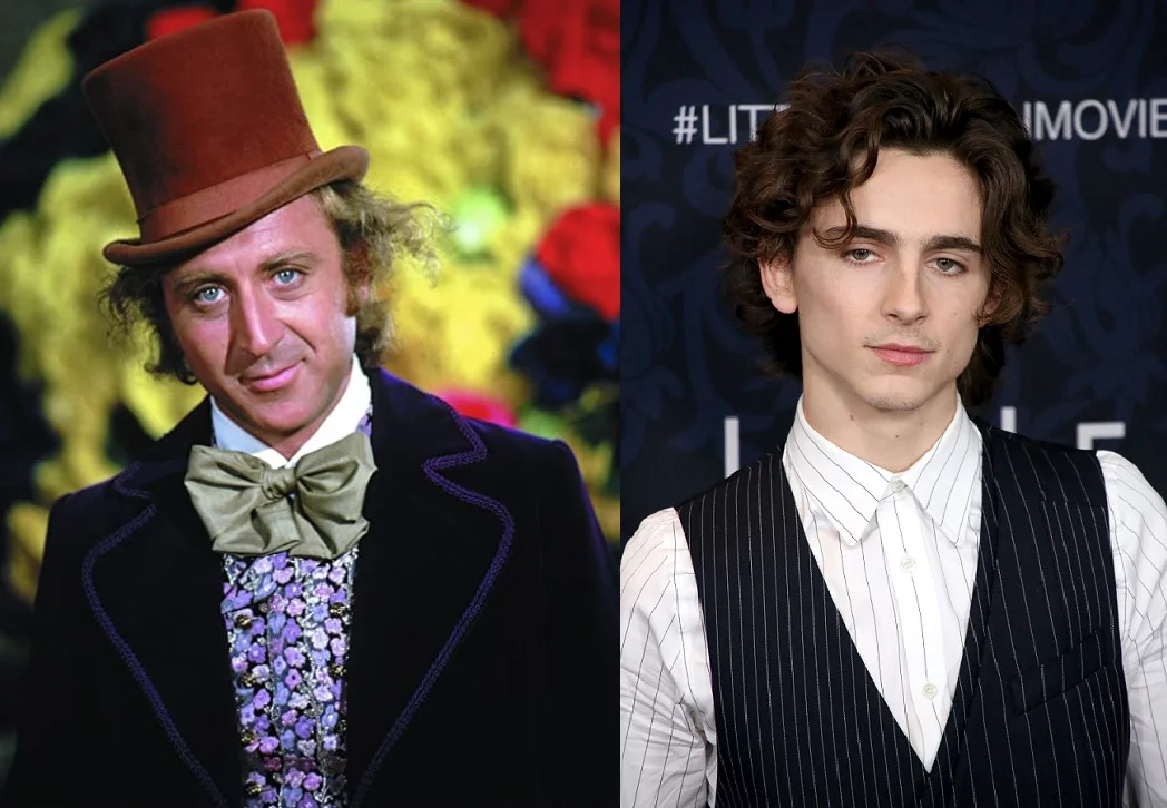 Gene Wilder w filmie „Willy Wonka i fabryka czekolady” i Timothee Chalamet