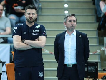 Trener Michał Winiarski i prezes Aluron CMC Warty Zawiercie Kryspin Baran