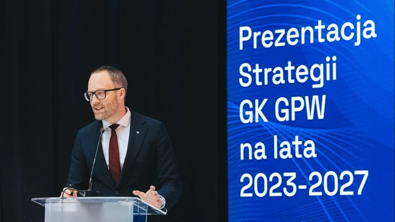 Marek Dietl, prezes zarządu GPW, podczas konferencji prezentującej nową strategię spółki