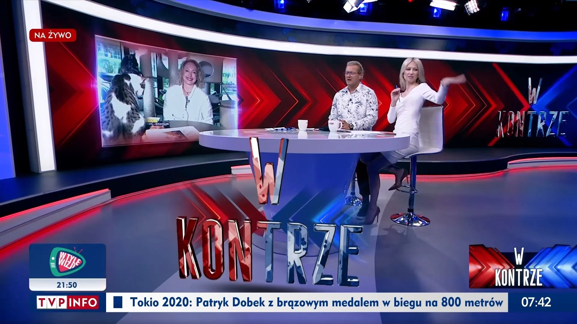 Magdalena Ogórek odgania komara. Kadr z programu „W Kontrze” w TVP Info