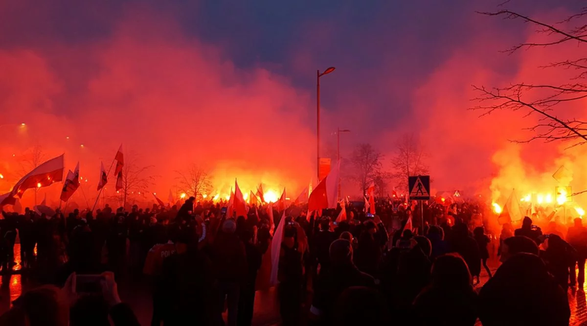 Uczestnicy Marszu Niepodległości pod Stadionem Narodwym