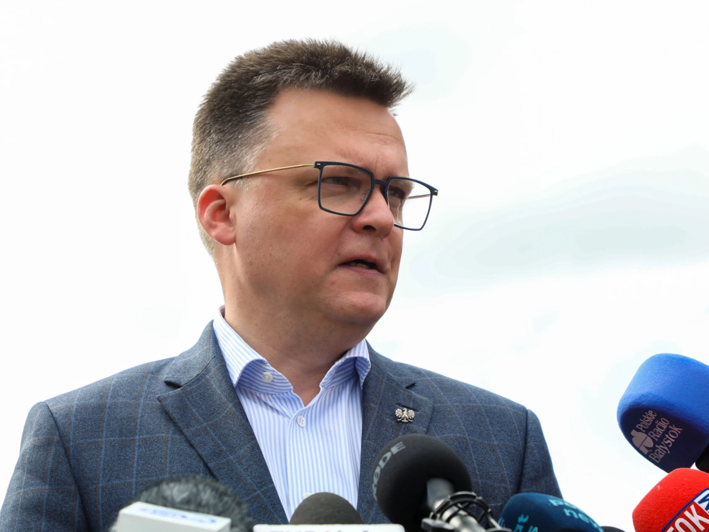 Kandydat Trzeciej Drogi w wyborach na fotel prezydenta RP, marszałek Sejmu Szymon Hołownia podczas spotkania wyborczego w Białymstoku