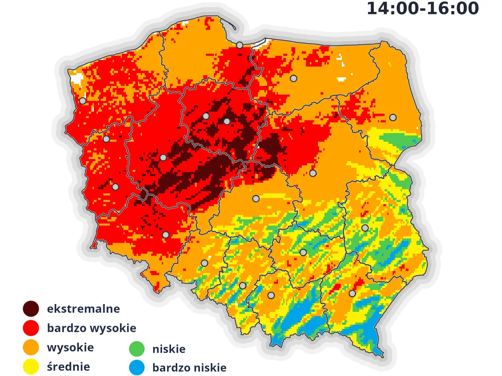 Prognoza zagrożenia pożarowego na piątek w godz. 14:00-16:00 od IMGW.