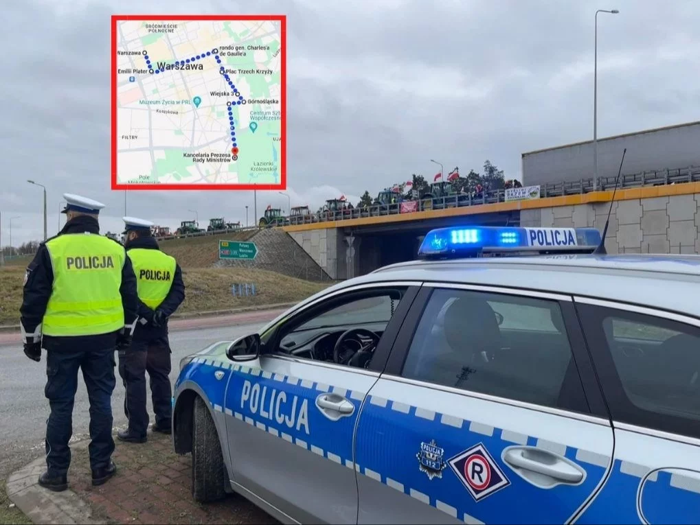 Policja pilnująca strajku rolników i mapa przemarszu z 27 lutego w Warszawie