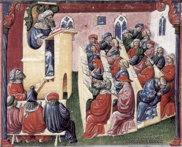 Wykład uniwersytecki (ilustracja z drugiej połowy XIV w.)