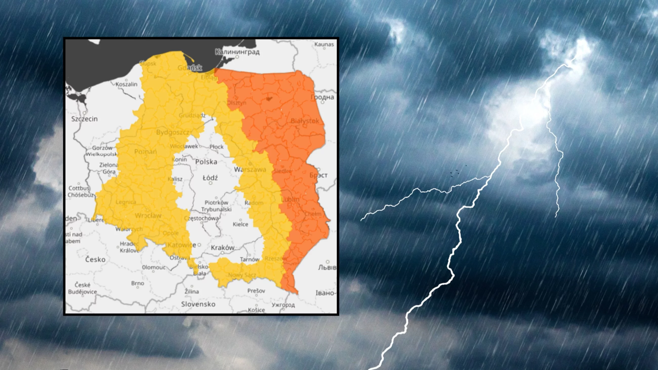 Mapa Polski, burza z deszczem