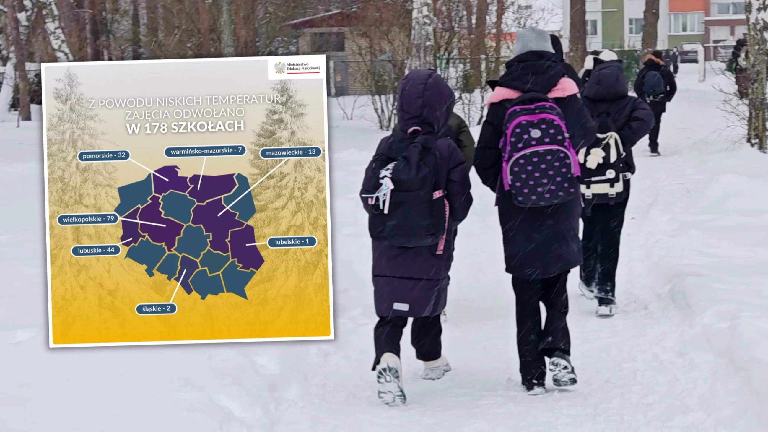 Dzieci idące zimą do szkoły, grafika MEN