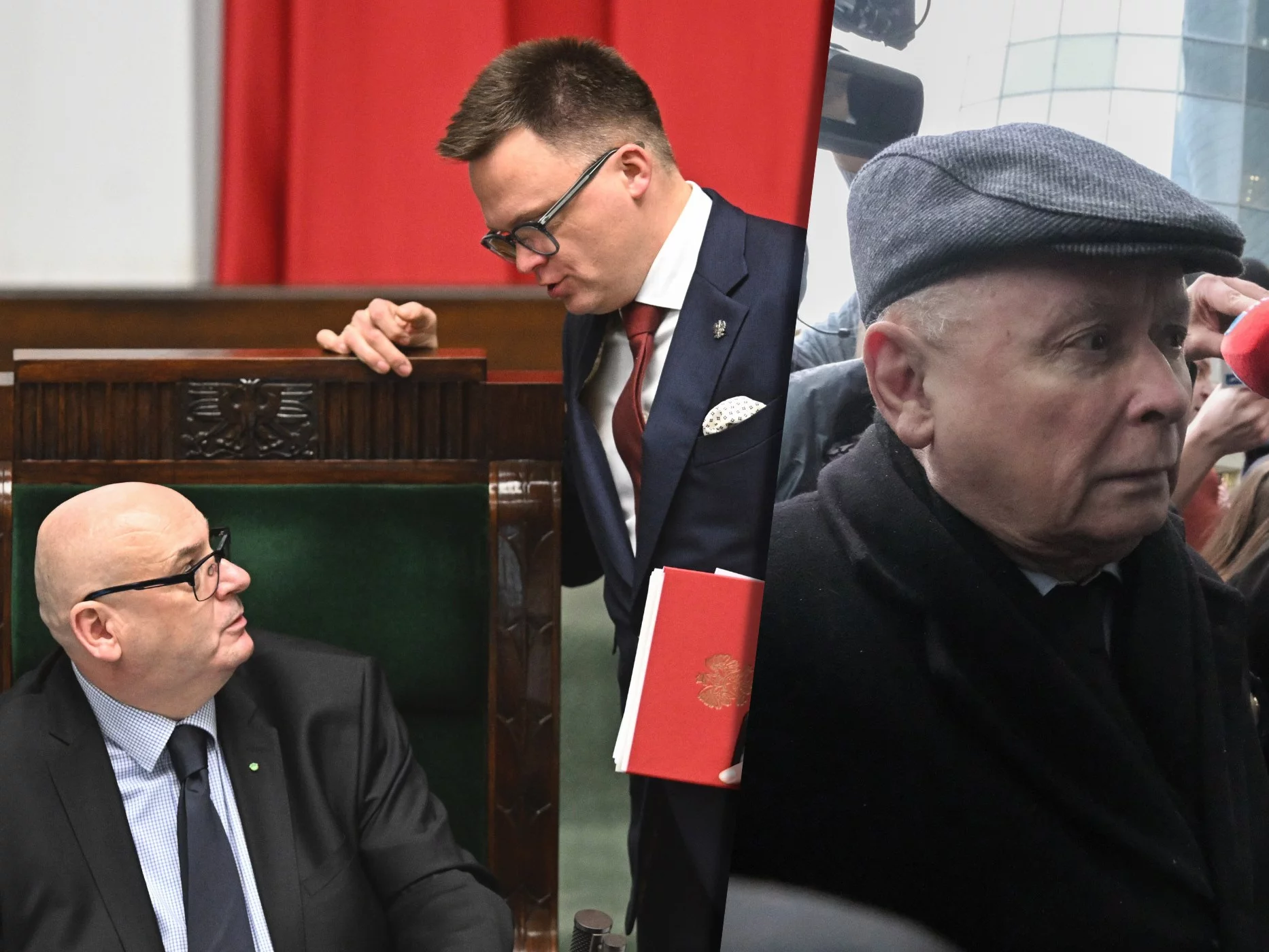 Marszałek Sejmu Szymon Hołownia,  wicemarszałek Piotr Zgorzelski i poseł PiS Jarosław Kaczyński /