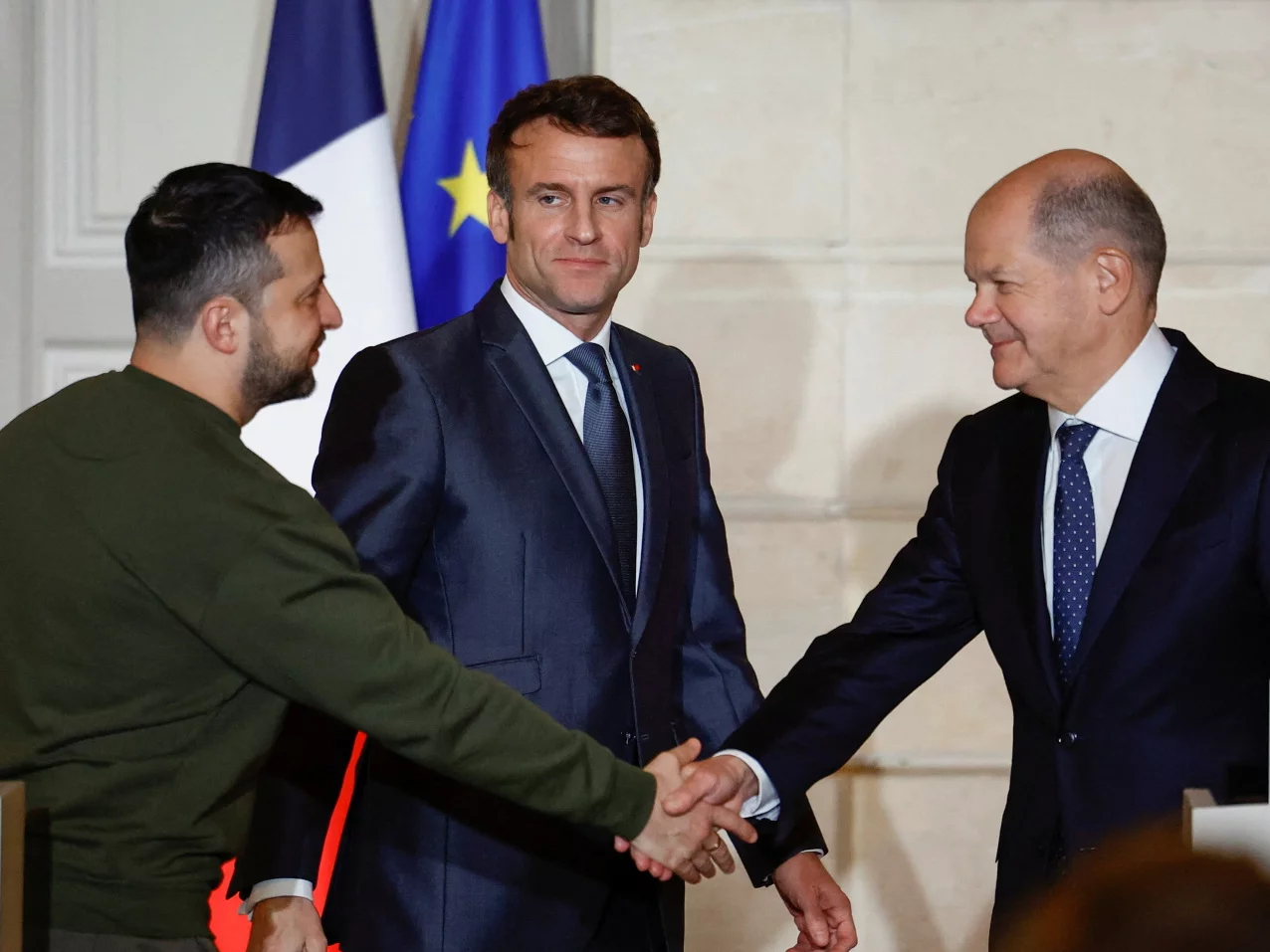 Wołodymyr Zełenski, Emmanuel Macron i Olaf Scholz