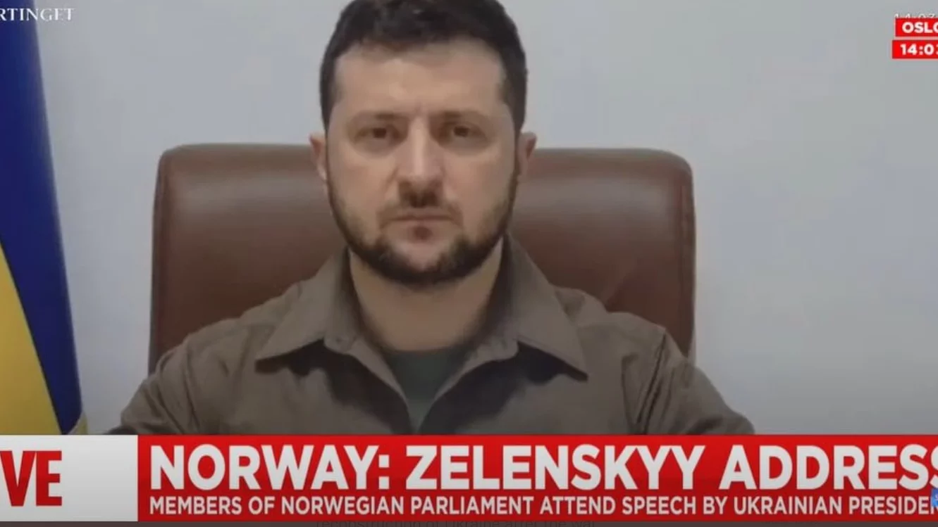 Wołodymyr Zełenski przemawia w norweskim parlamencie