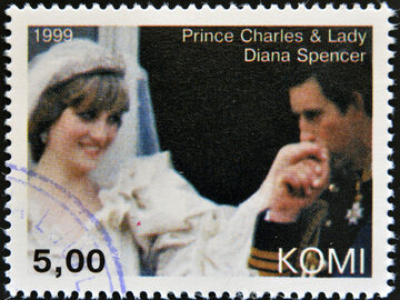 Znaczek ze zdjęciem ze ślubu księcia Karola i Diany Spencer