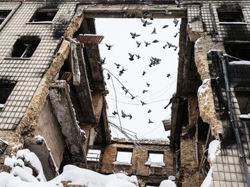 Zniszczone po rosyjskim ataku miasto Borodzianka k. Kijowa