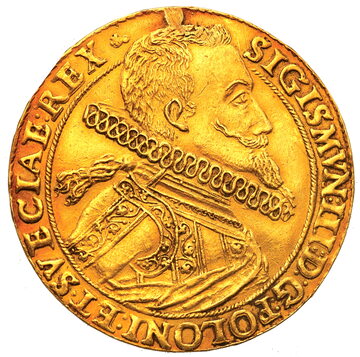Zygmunt III Waza na monecie 5 dukatów pochodzącej z kolekcji Henryka Karolkiewicza, rozpoznawalnego przez licytujących na całym świecie
